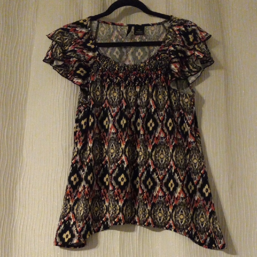 Women's Smocked Neck Printed Flutter Sleeve Top - Black Multicolor